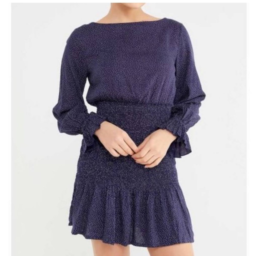 URBAN OUTFITTERS Leandra Polka Dot Long Sleeve Smocked Mini Dress